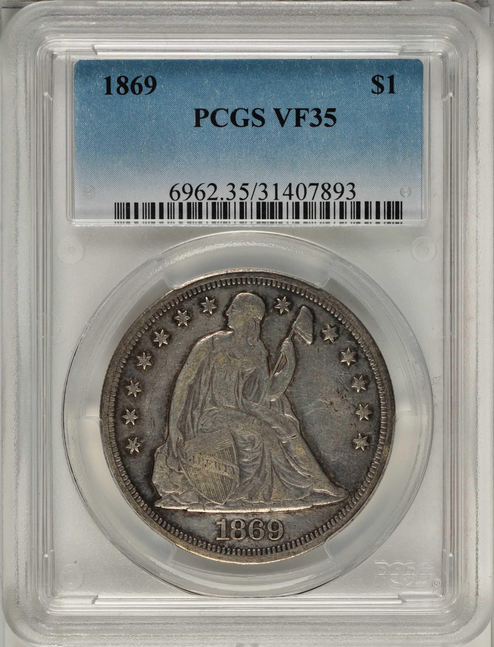 1869 $1 VF35 CAC thumbnail 4