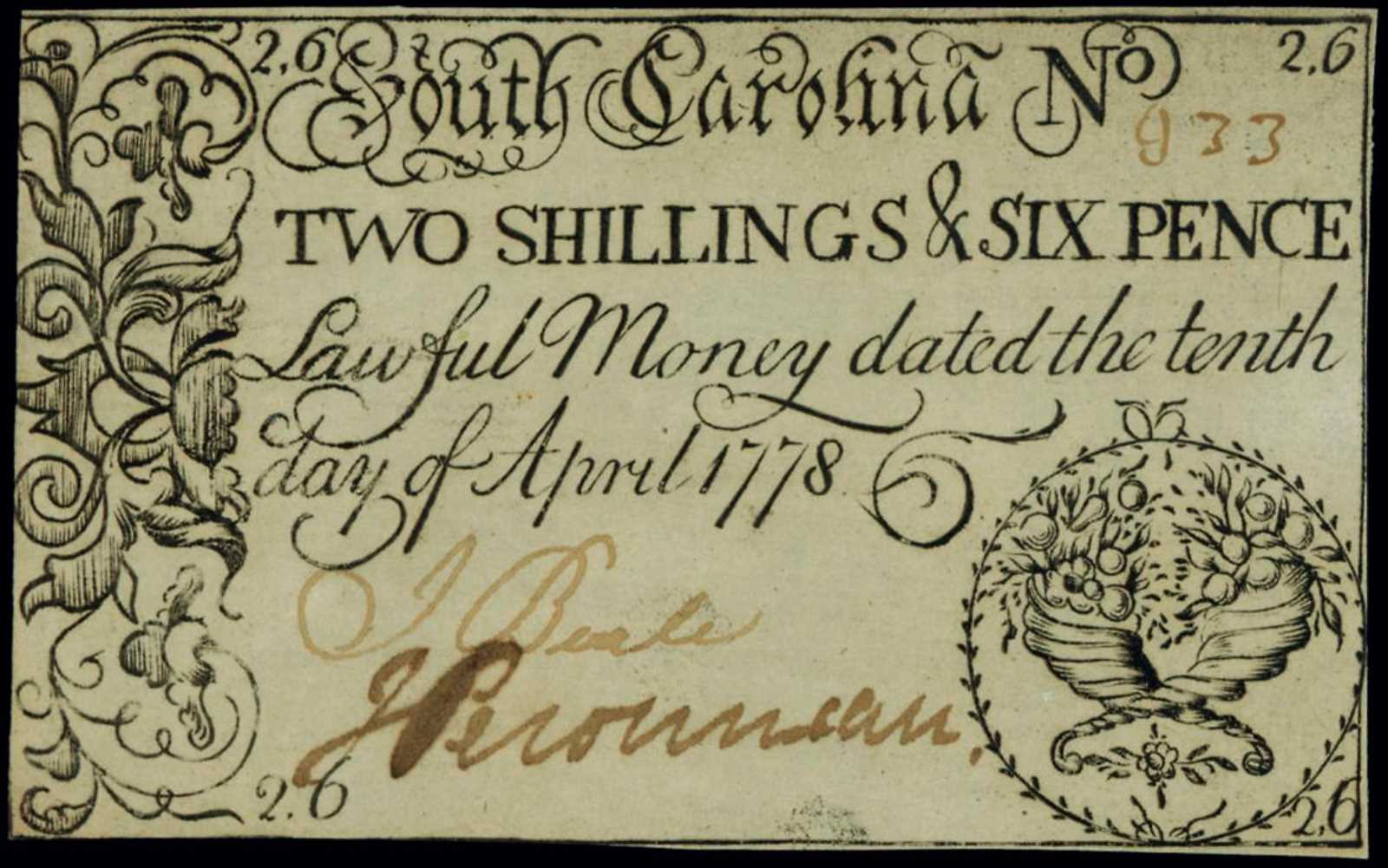 image for: SC-136b. South Carolina. December 23, 1777 (1776). $2. PMG Extremely Fine 40 Net. Stained, Annotation. Remainder.
