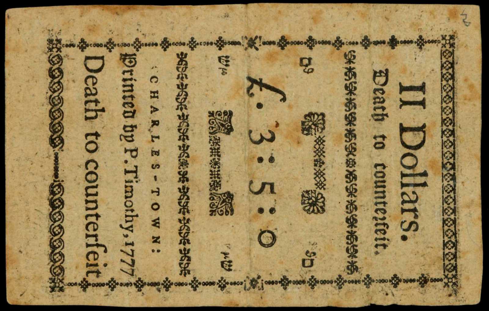 image for: SC-136b. South Carolina. December 23, 1777 (1776). $2. PMG Extremely Fine 40 Net. Stained, Annotation. Remainder.