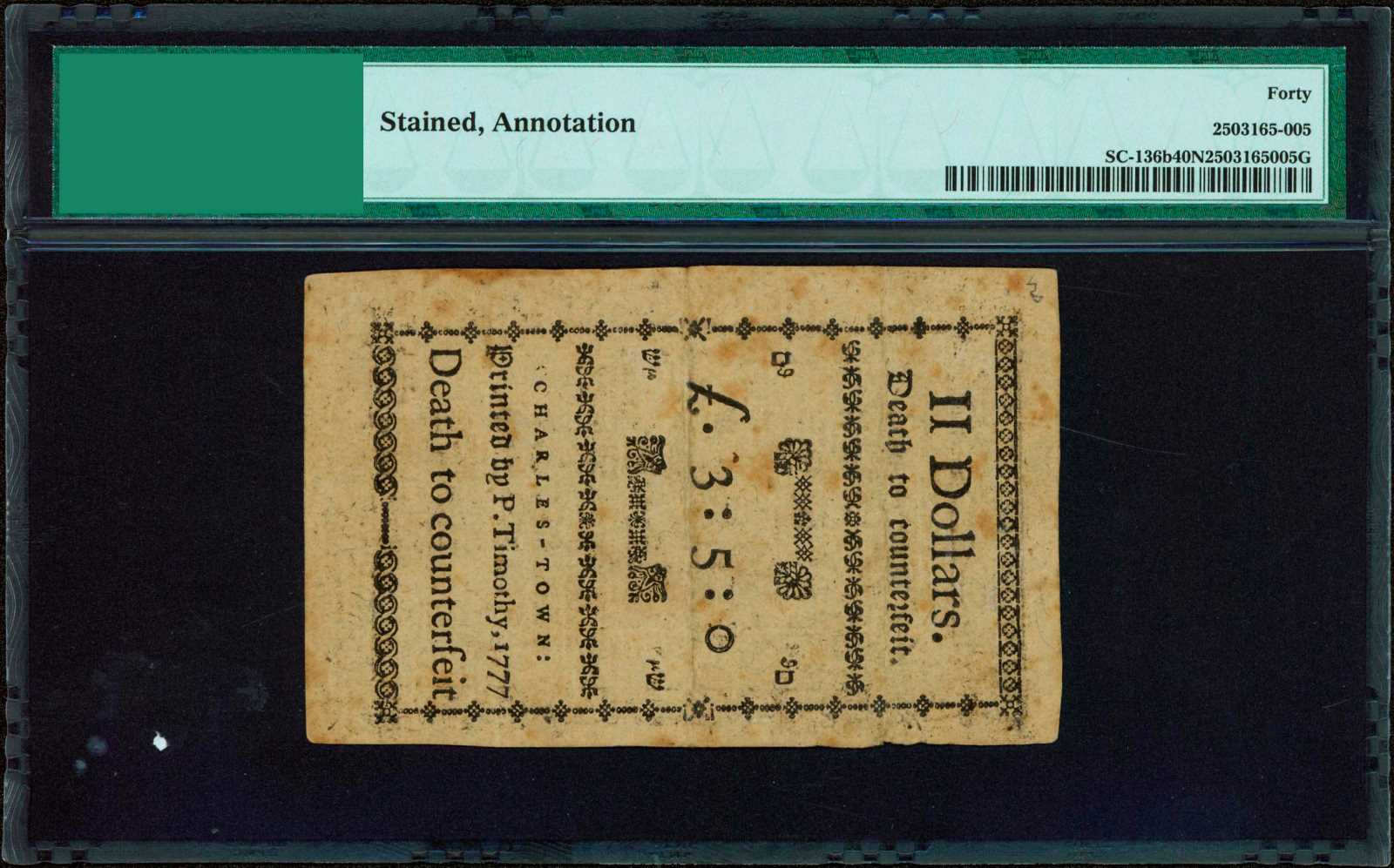 image for: SC-136b. South Carolina. December 23, 1777 (1776). $2. PMG Extremely Fine 40 Net. Stained, Annotation. Remainder.