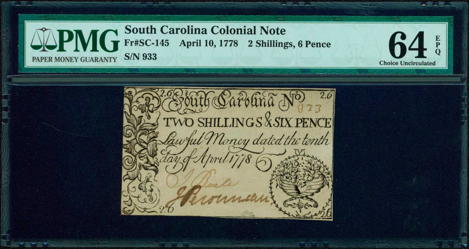 image for: SC-136b. South Carolina. December 23, 1777 (1776). $2. PMG Extremely Fine 40 Net. Stained, Annotation. Remainder.
