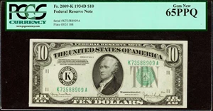 image for: Fr. 2009-K. 1934D $10 Federal Reserve Note. Dallas. PCGS Gem New 65 PPQ.