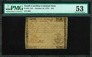 image for: SC-134. South Carolina. October 19, 1776. $10. PMG About Uncirculated 53.