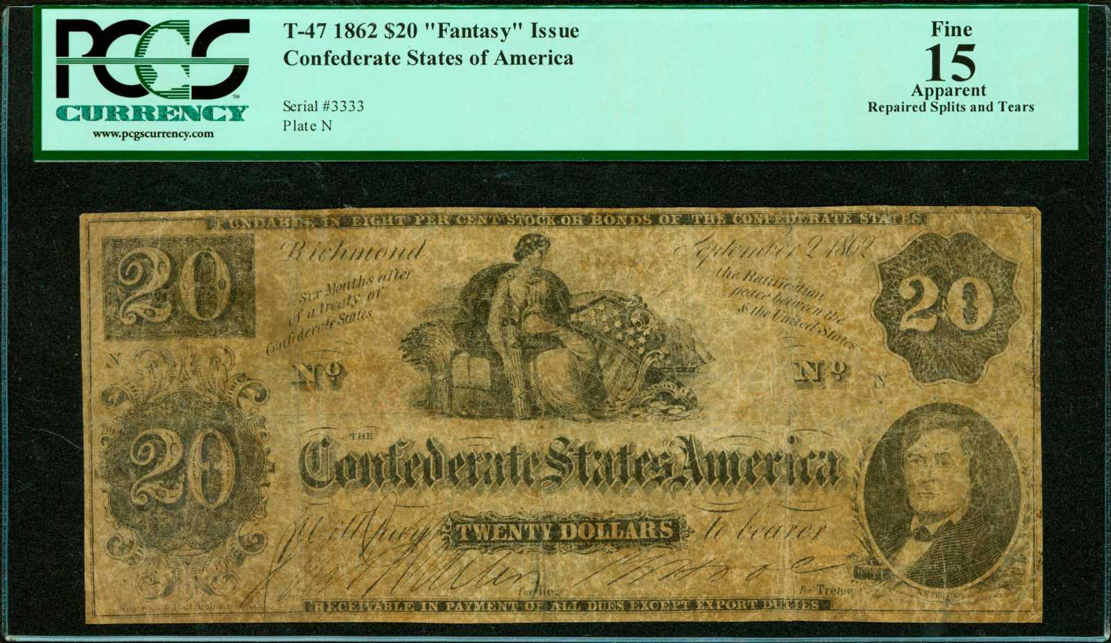 image for: T-47. Confederate Currency. 1862 $20. PCGS Fine 15 Apparent. Repaired Splits and Tears. Fantasy Issue.