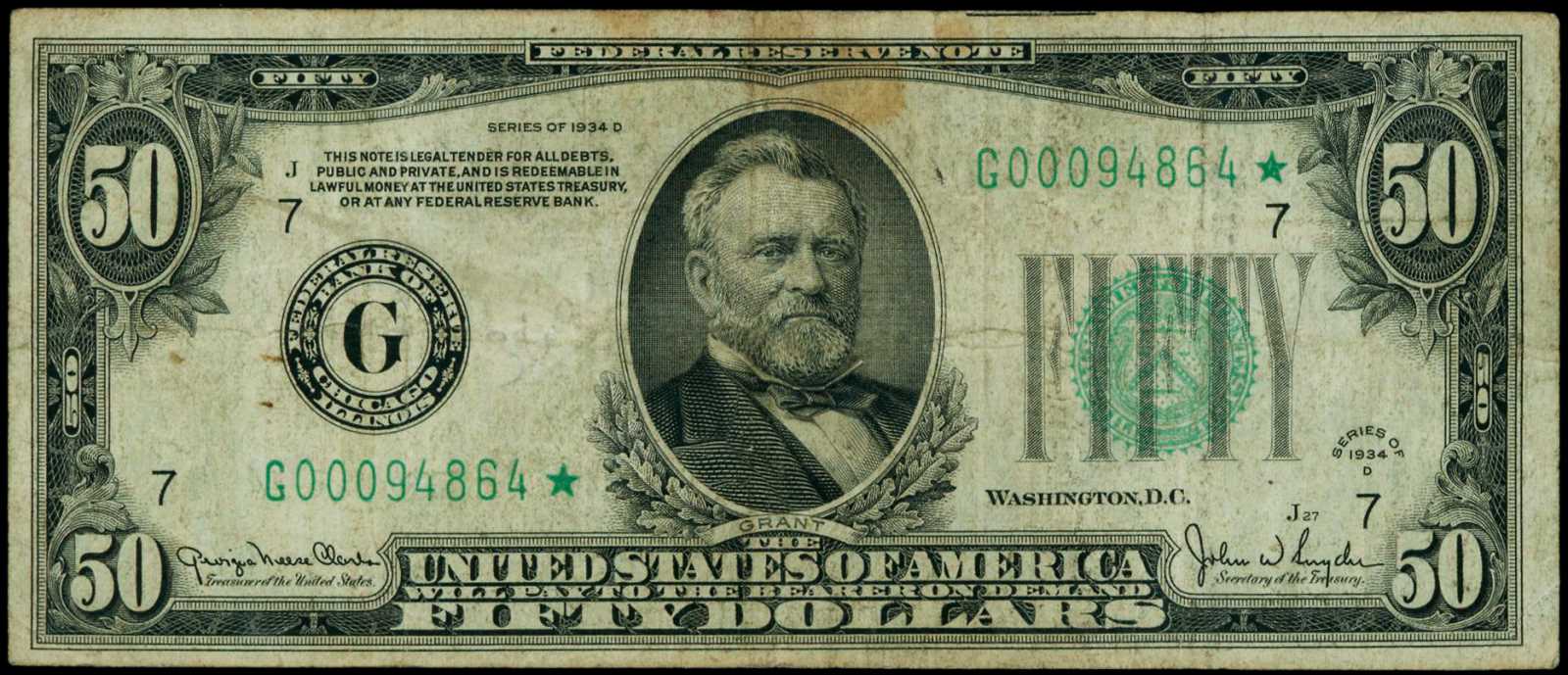 image for: Fr. 2106-G*. 1934D $50 Federal Reserve Star Note. Chicago. PMG Choice Fine 15.