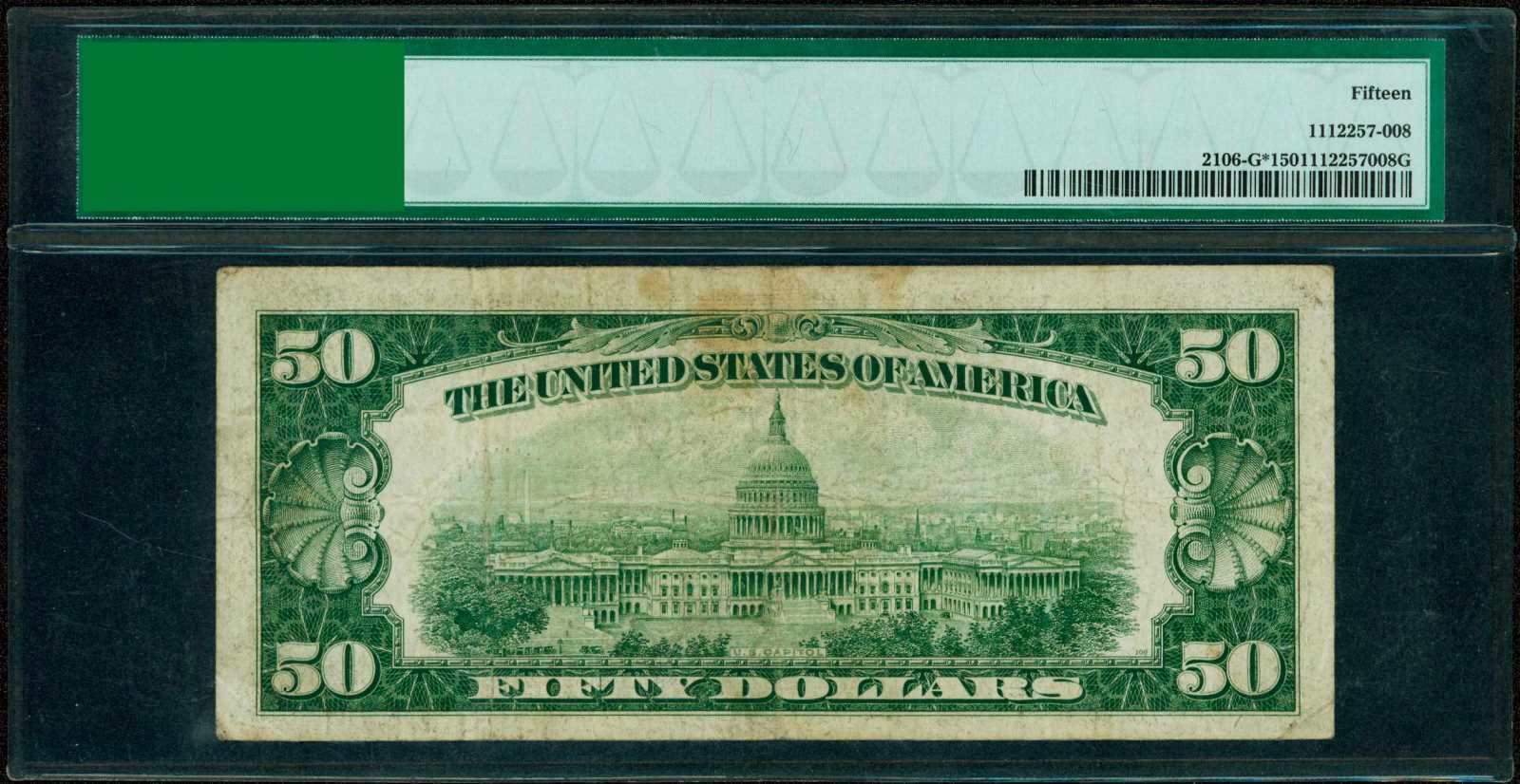 image for: Fr. 2106-G*. 1934D $50 Federal Reserve Star Note. Chicago. PMG Choice Fine 15.