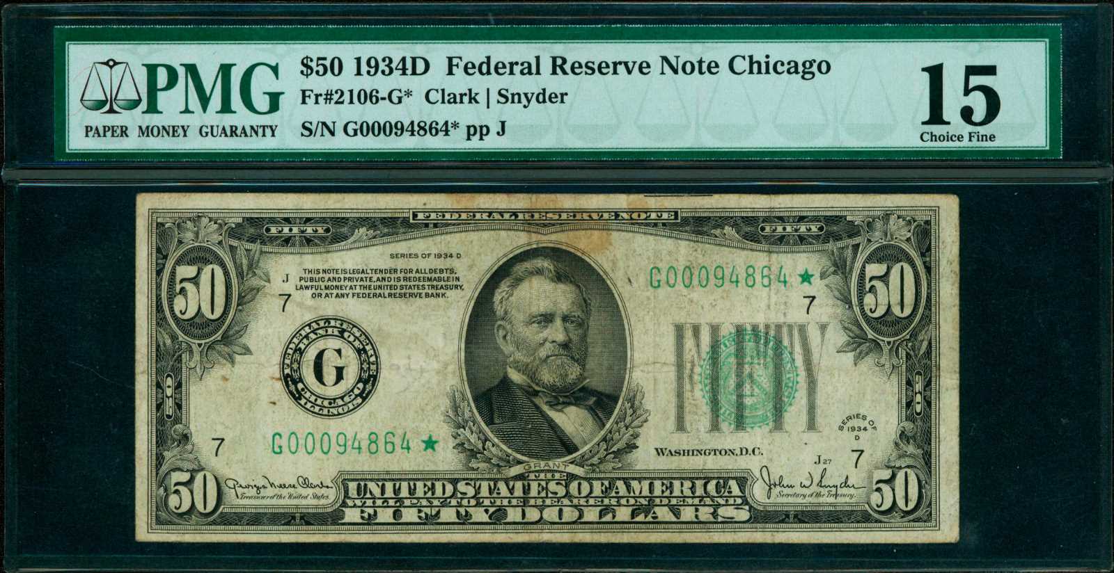 image for: Fr. 2106-G*. 1934D $50 Federal Reserve Star Note. Chicago. PMG Choice Fine 15.