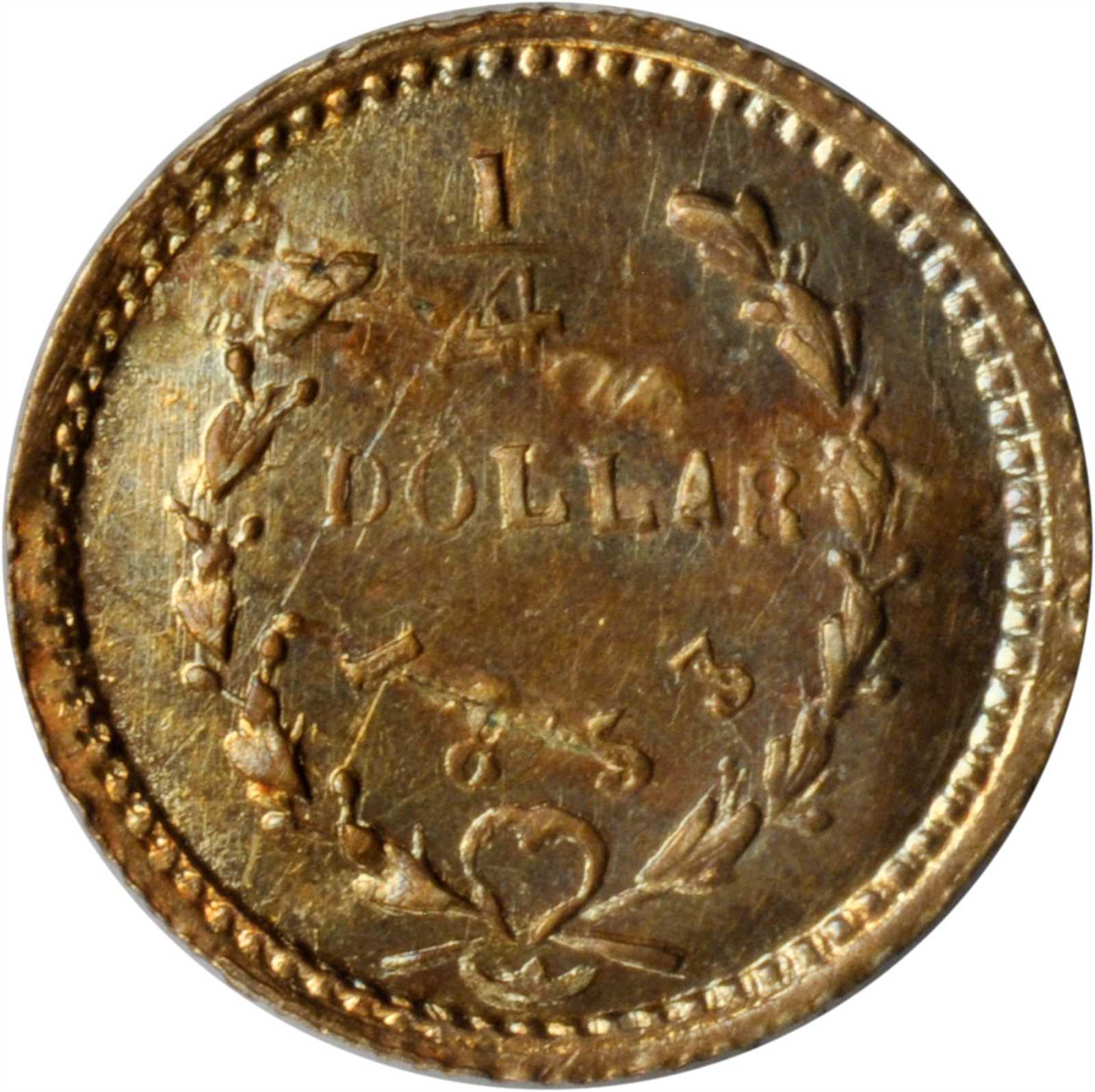 image for: 1853 Round 25 Cents. BG-214. Rarity-7-. Liberty Head. MS-60 Peeling Lamination (Uncertified).