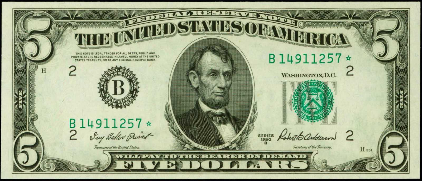 image for: Fr. 1963-B*. 1950B $5 Federal Reserve Star Note. New York. PCGS Superb Gem New 67 PPQ.