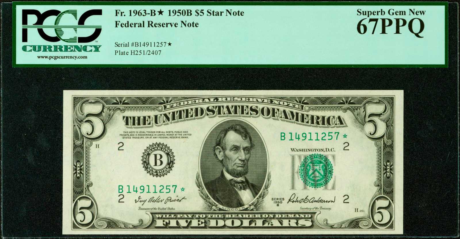 image for: Fr. 1963-B*. 1950B $5 Federal Reserve Star Note. New York. PCGS Superb Gem New 67 PPQ.