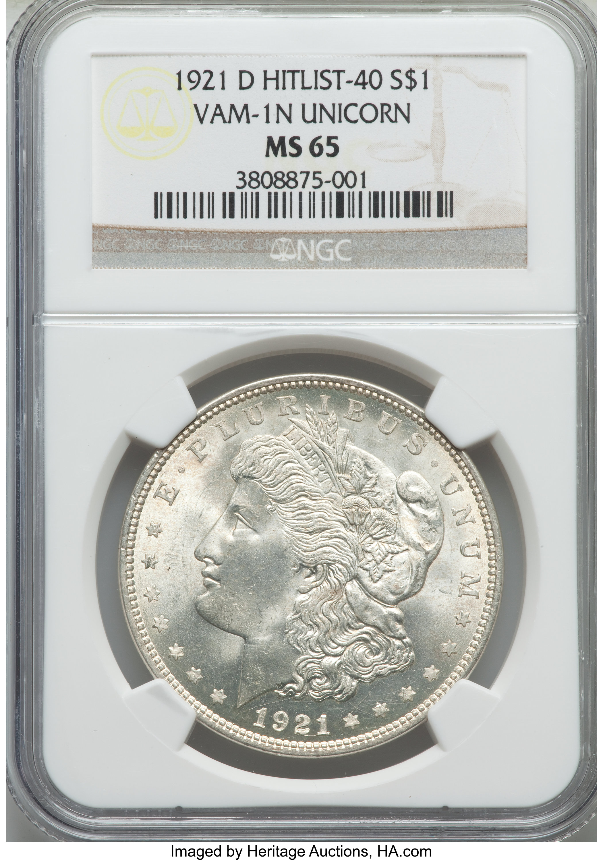 1921-D $1 Unicorn, VAM-1N, MS65 NGC. Hitlist-40. NGC Census: (0/0). PCGS Population (7/0)....