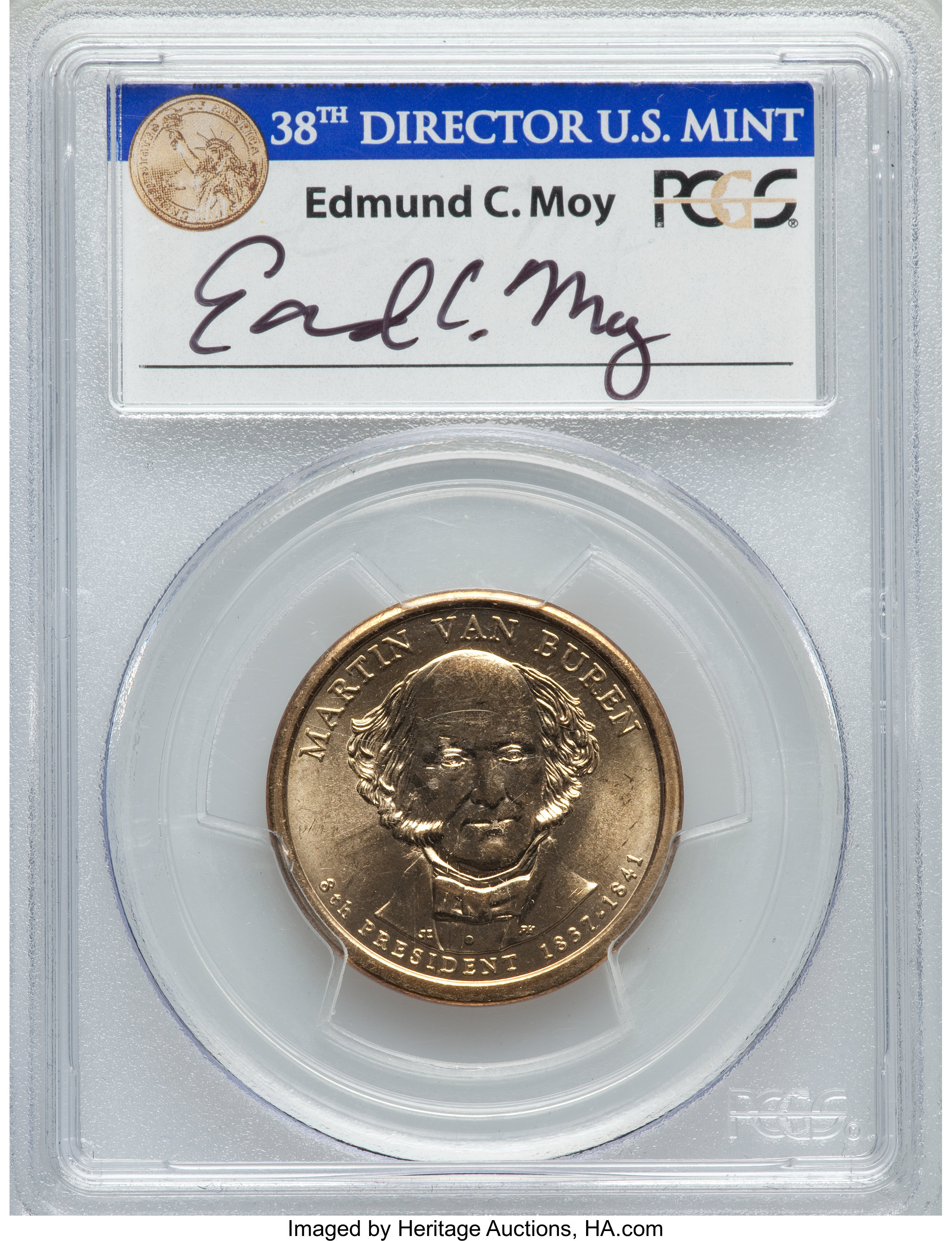 image for: 2008 $1 Van Buren, Missing Edge Lettering, Edmund Moy Signature MS66 PCGS. PCGS Population (462/284). NGC Census: (0/0)....