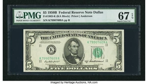 image for: Fr. 1963-K $5 1950B Federal Reserve Note. PMG Superb Gem Unc 67 EPQ....