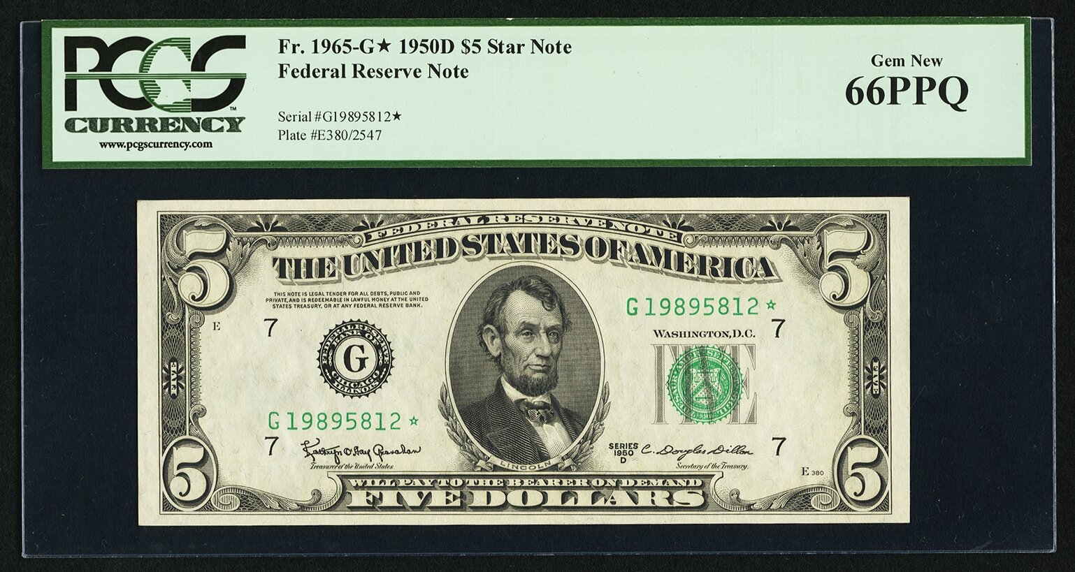 image for: Fr. 1965-G* $5 1950D Federal Reserve Star Note. PCGS Gem New 66PPQ....