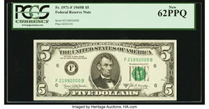 image for: Fr. 1971-F $5 1969B Federal Reserve Note. PCGS New 62PPQ....