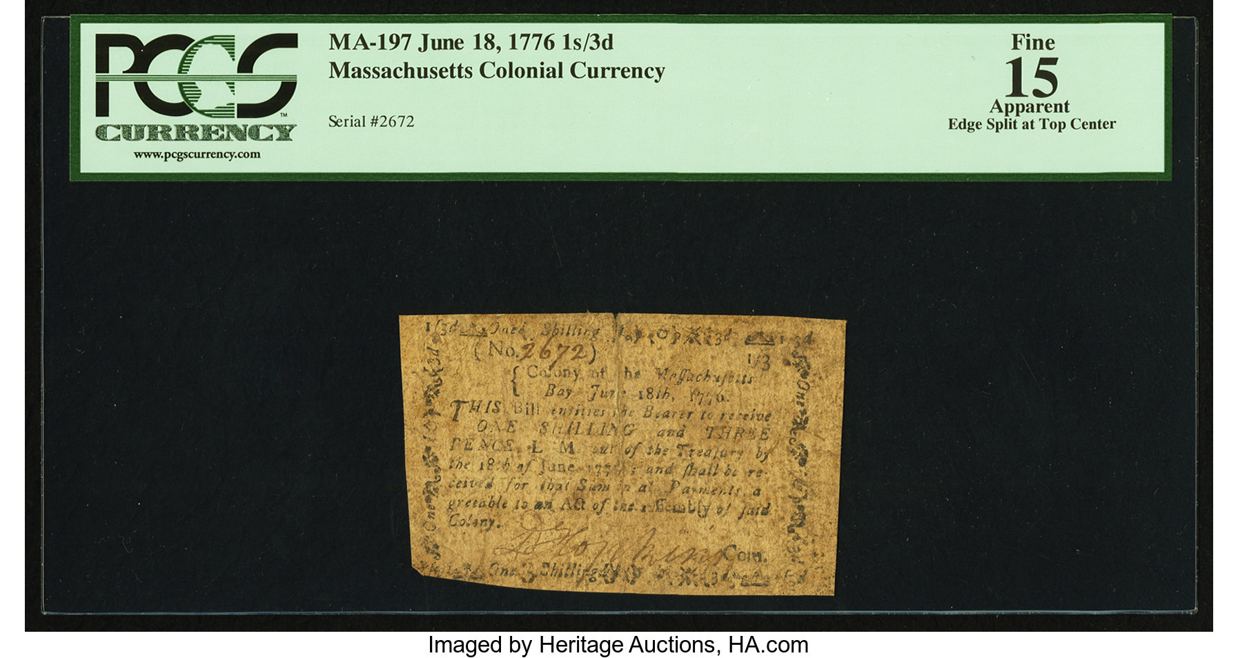 image for: Massachusetts June 18, 1776 1s 3d PCGS Apparent Fine 15....