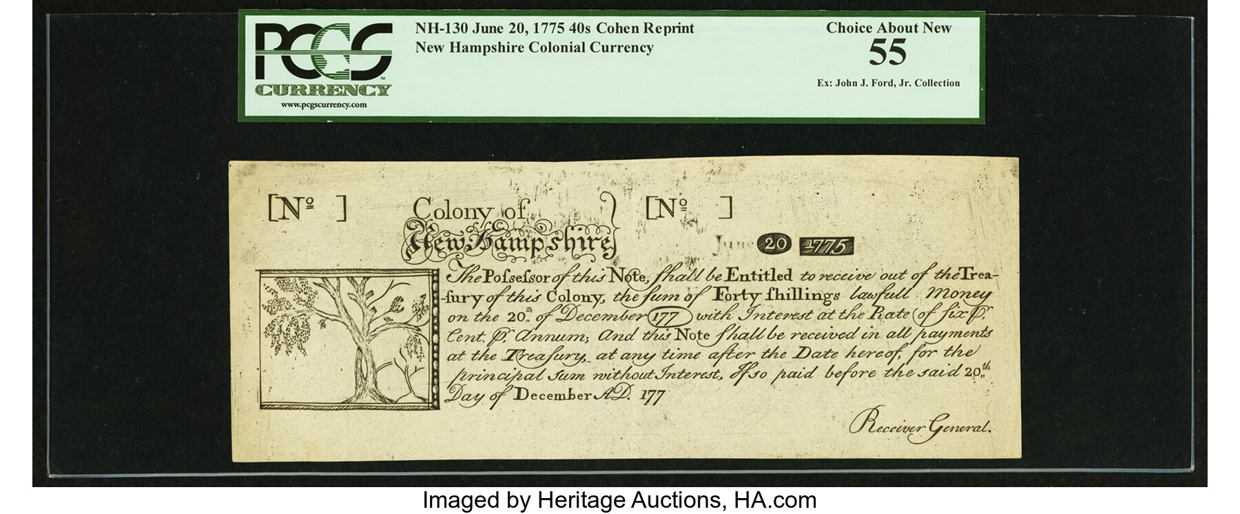 image for: Cohen Reprint New Hampshire June 20, 1775 40s PCGS Choice About New 55....