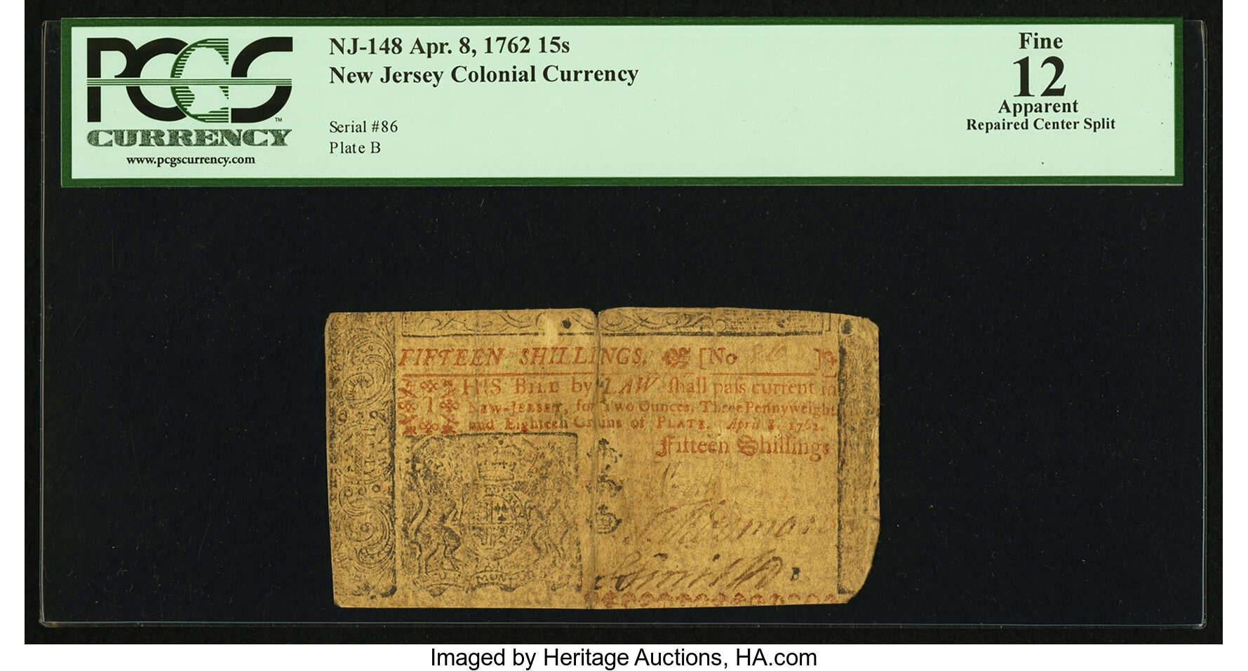 image for: New Jersey April 8, 1762 15s PCGS Apparent Fine 12....