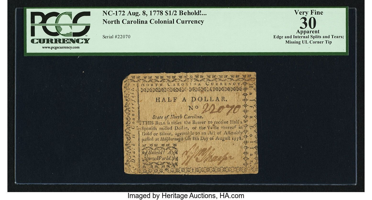 image for: North Carolina August 8, 1778 $1/2 Behold! A New World PCGS Apparent Very Fine 30....