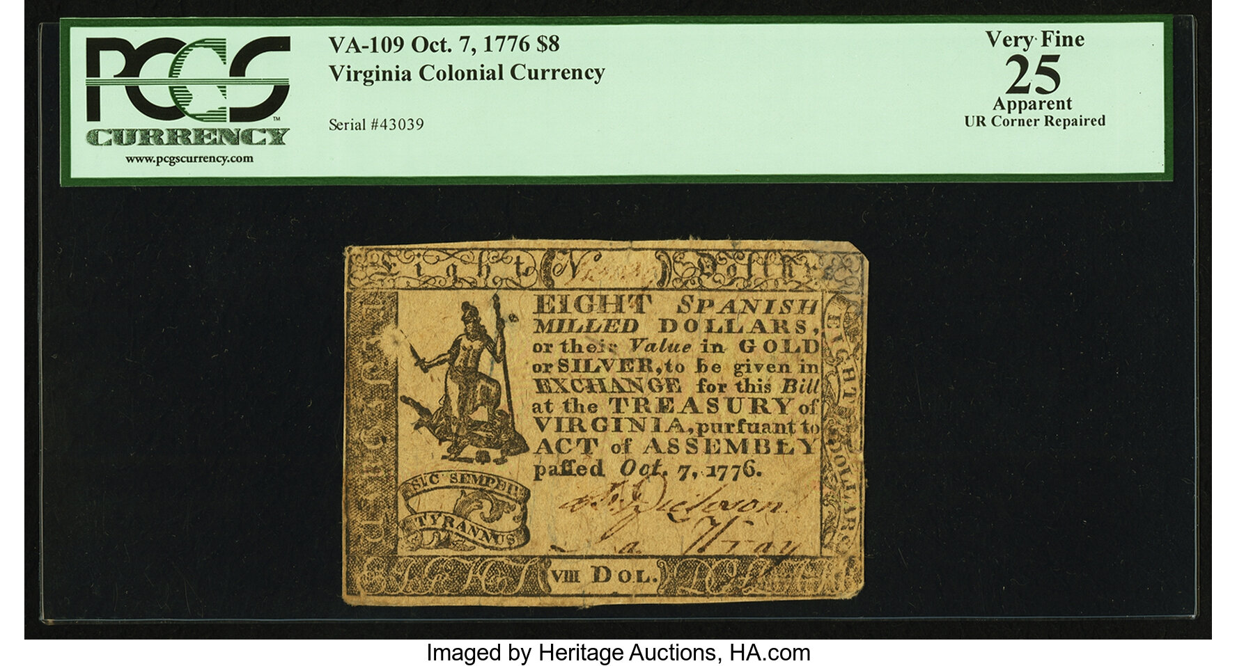 image for: Virginia October 7, 1776 $8 PCGS Apparent Very Fine 25....