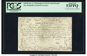 image for: Cohen Reprint New Hampshire April 3, 1755 Redated June 1, 1756 £3 PCGS About New 53PPQ....