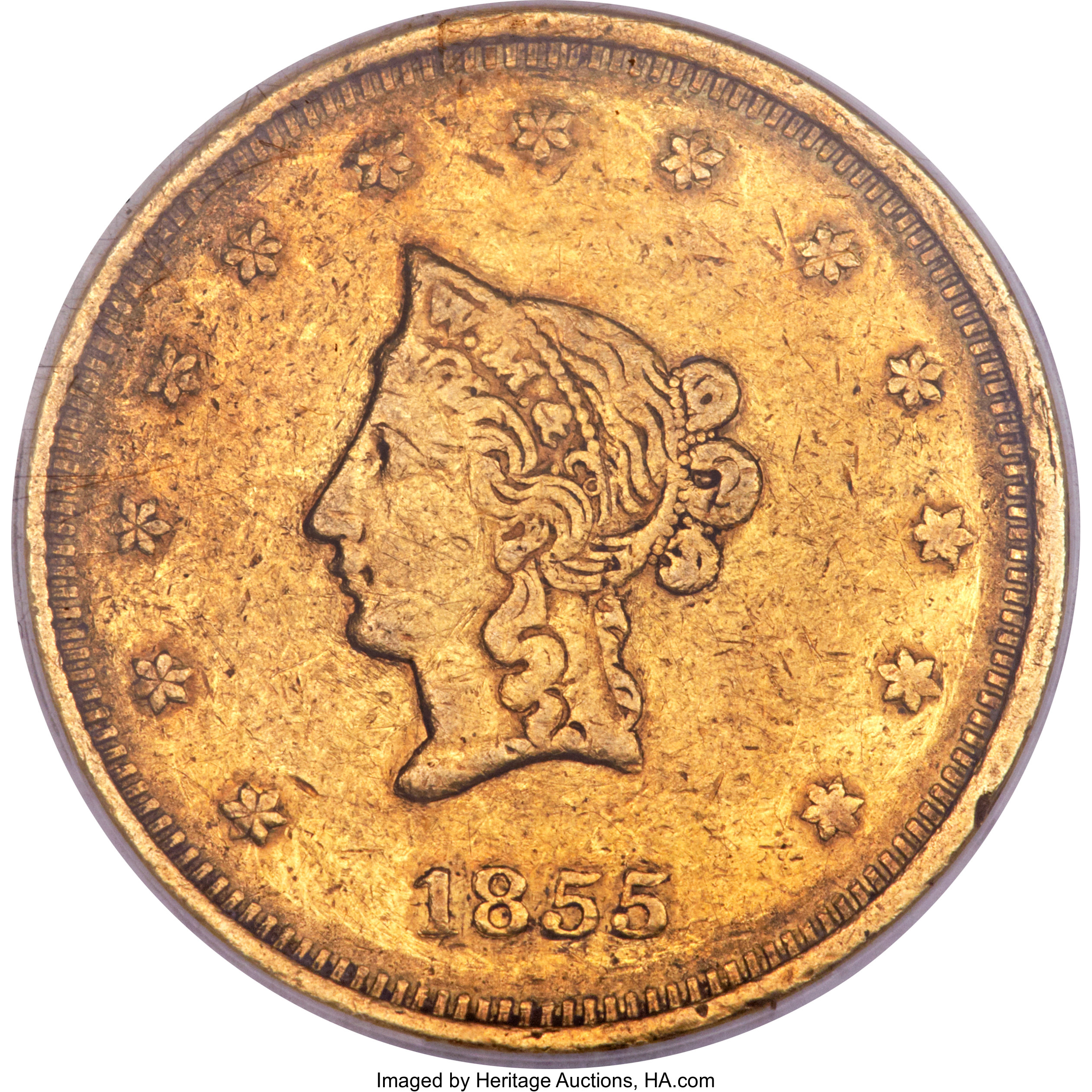 image for: 1855 $20 Wass Molitor Twenty Dollar, Small Head, K-7, High R.5, AU53 NGC....