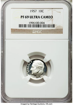 image for: 1957 10C PR69 Ultra Cameo NGC. NGC Census: (20/0). PCGS Population (4/0). Numismedia Wsl. Price for problem free NGC/PCGS ...