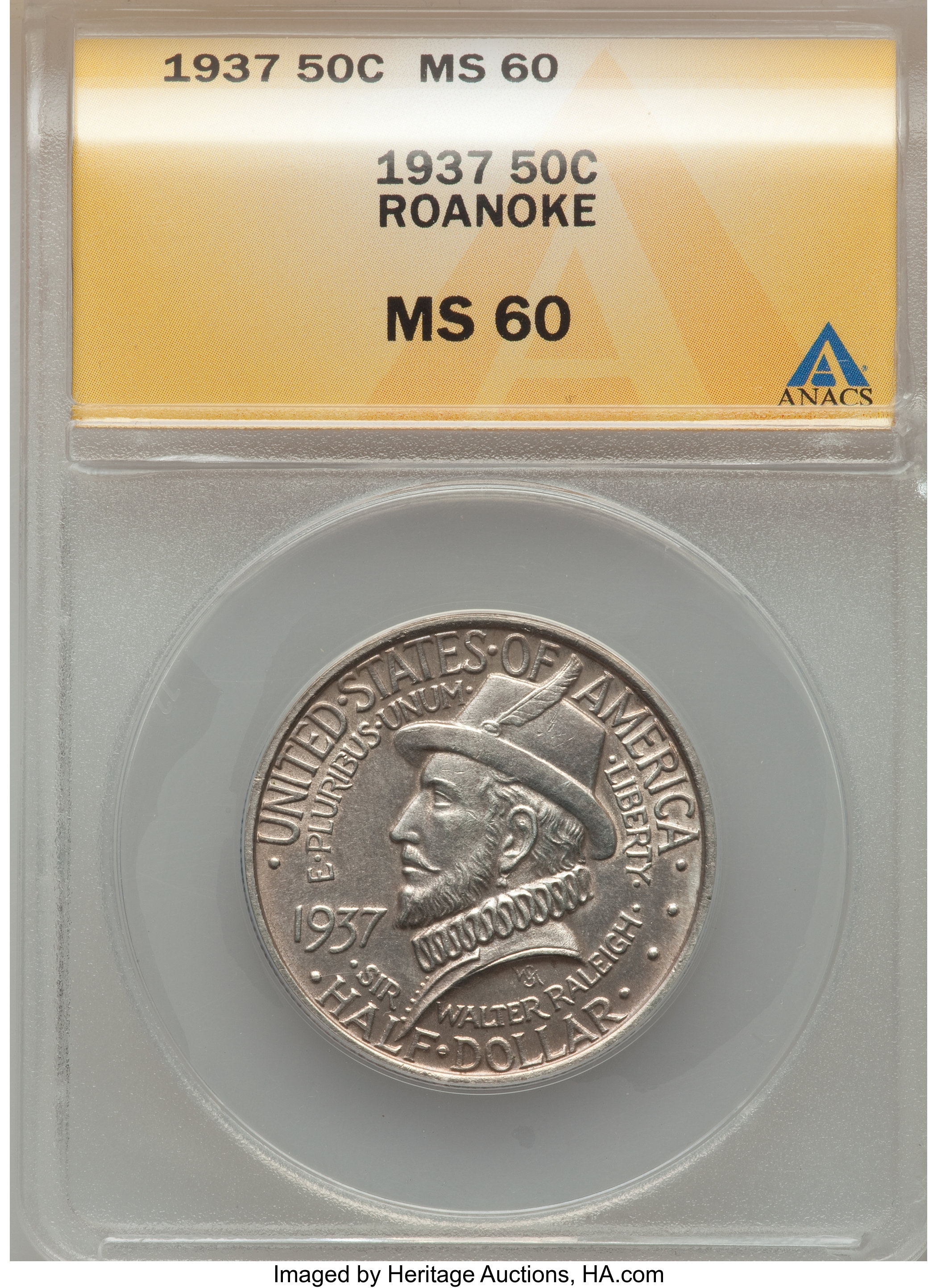 1937 50C Roanoke MS60 ANACS. NGC Census: (3/3734). PCGS Population (0/5998). Mintage: 29,030. Numismedia Wsl. Price for pro...
