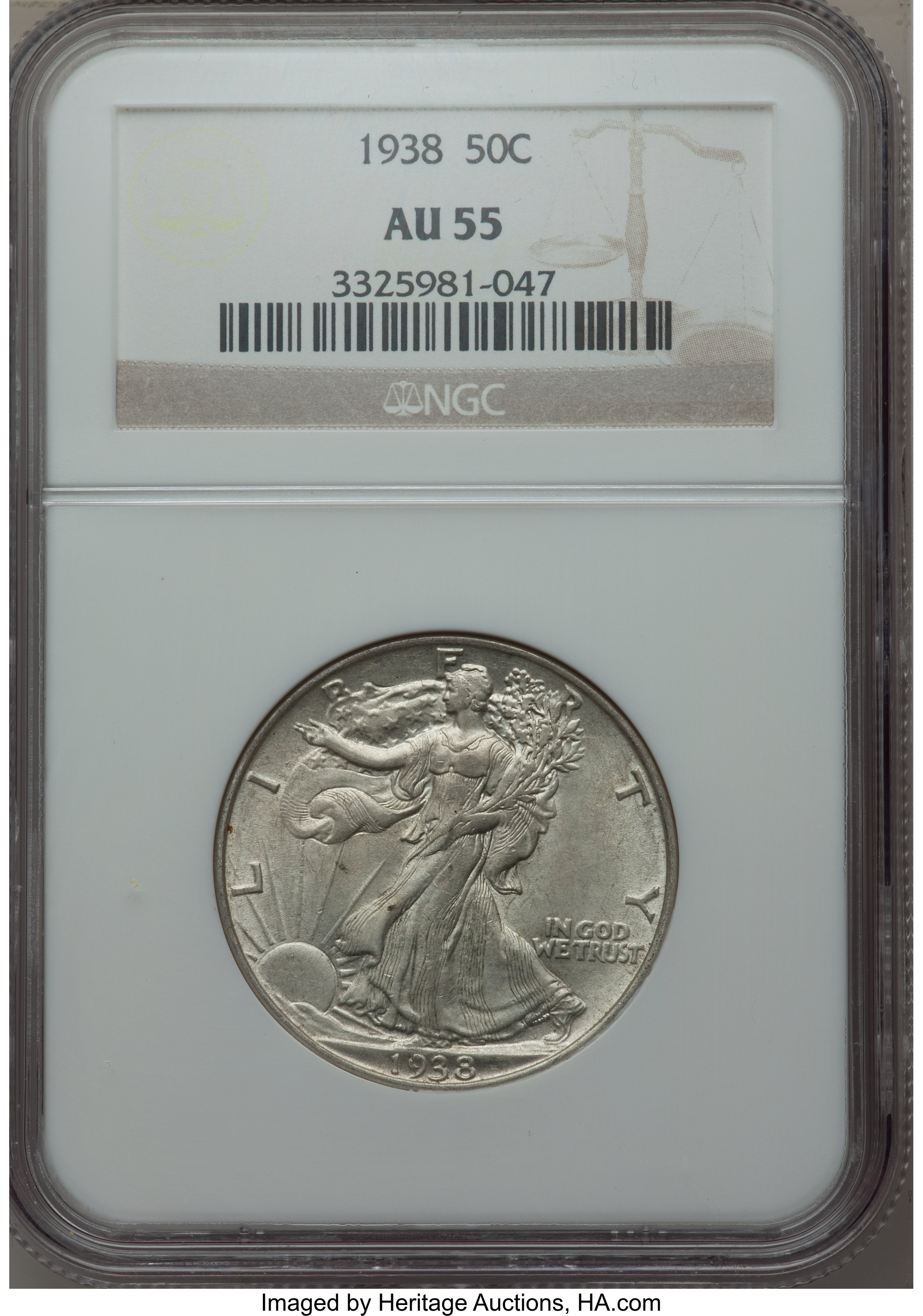 1938 50C AU55 NGC. NGC Census: (30/2116). PCGS Population (38/3590). Mintage: 4,118,152. Numismedia Wsl. Price for problem ...