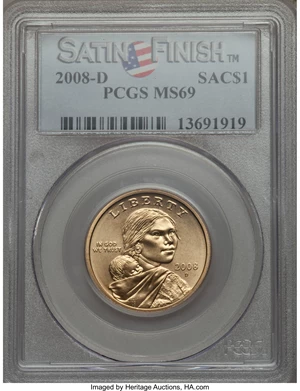 image for: 2008-D $1 Sacagawea Satin Finish MS69 PCGS. PCGS Population (84/0). NGC Census: (0/0). ...