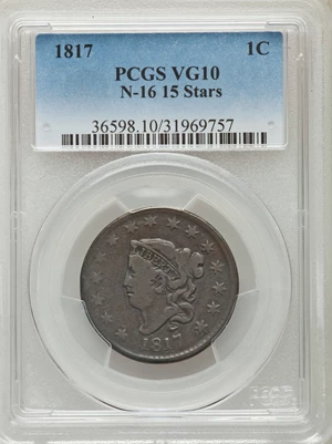 image for: 1817 1C 15 Stars, N-16, R.1, VG10 PCGS. PCGS Population (1/11). NGC Census: (0/44). ...