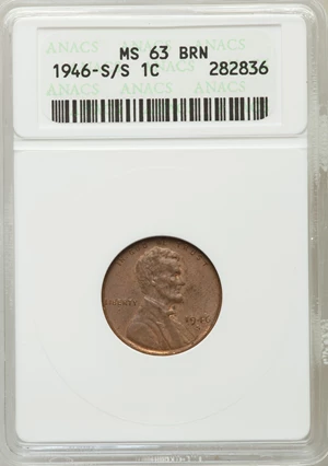 image for: 1946-S/S 1C MS63 Brown ANACS. NGC Census: (0/2). PCGS Population (3/2). Mintage: 198,100,000. Numismedia Wsl. Price for pro...