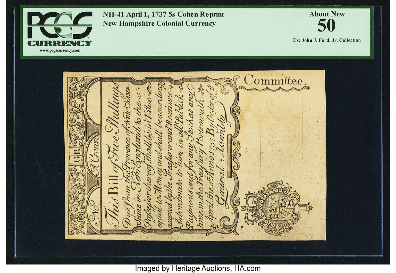 image for: Cohen Reprint New Hampshire April 1, 1737 5s PCGS About New 50....
