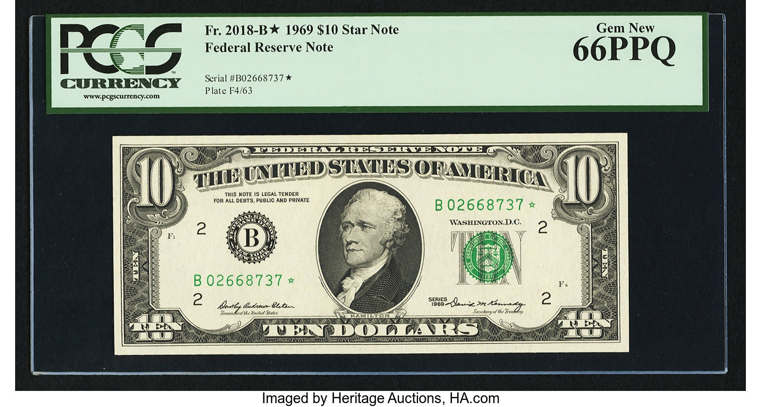 image for: Fr. 2018-B* $10 1969 Federal Reserve Star Note. PCGS Gem New 66PPQ....