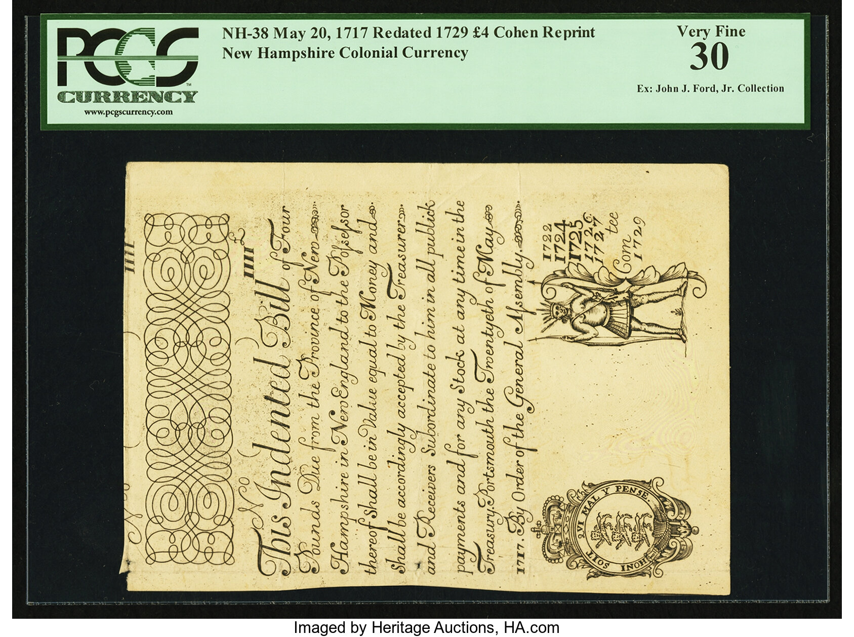 image for: Cohen Reprint New Hampshire May 20, 1717 Redated 1729 £4 PCGS Very Fine 30....