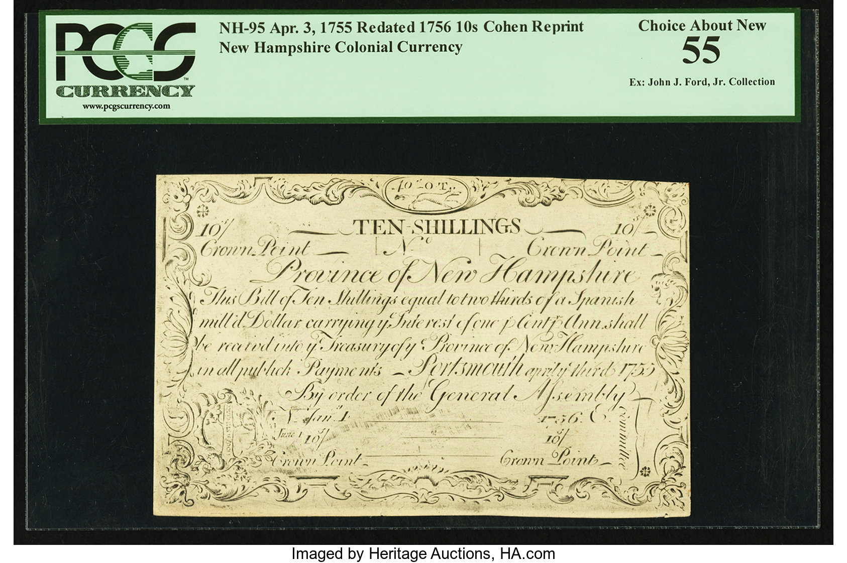 image for: Cohen Reprint New Hampshire April 3, 1755 Redated June 1, 1756 10s PCGS Choice About New 55....