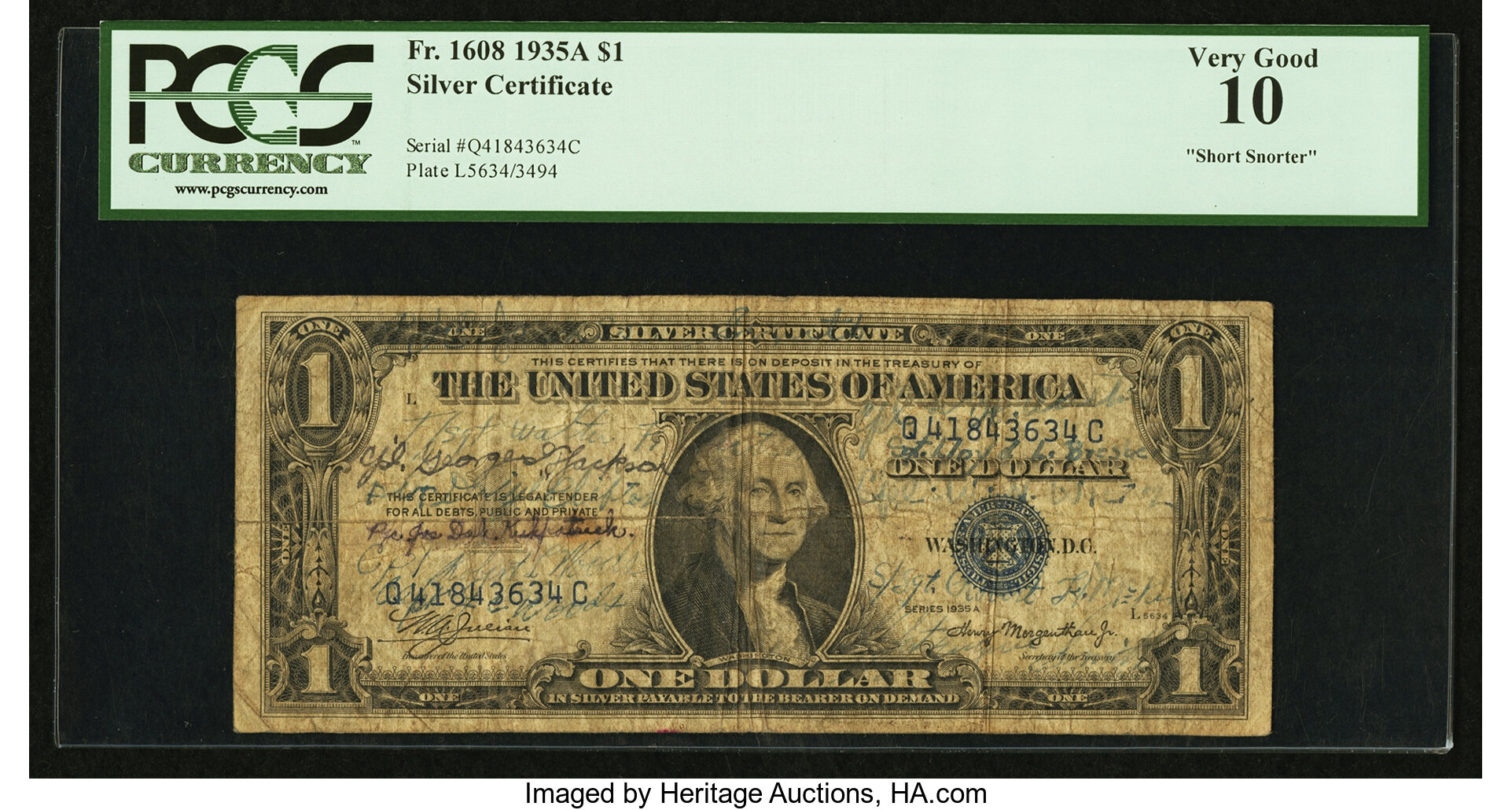 "Shorter Snorter" Fr. 1608 $1 1935A Silver Certificate. PCGS Very Good 10. ...