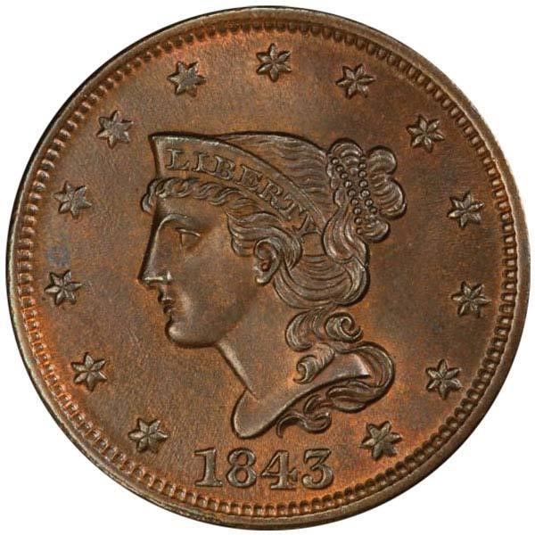 image for: 1C 1843 PETITE HEAD LG LT N-4 PCGS MS64+BN CAC