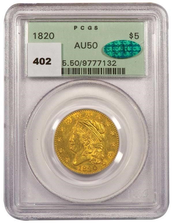 image for: $5 1820 SQUARE BASE 2 PCGS AU50 CAC