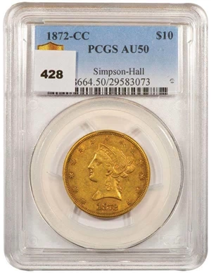 image for: $10 1872-CC PCGS AU50 EX SIMPSON/HALL