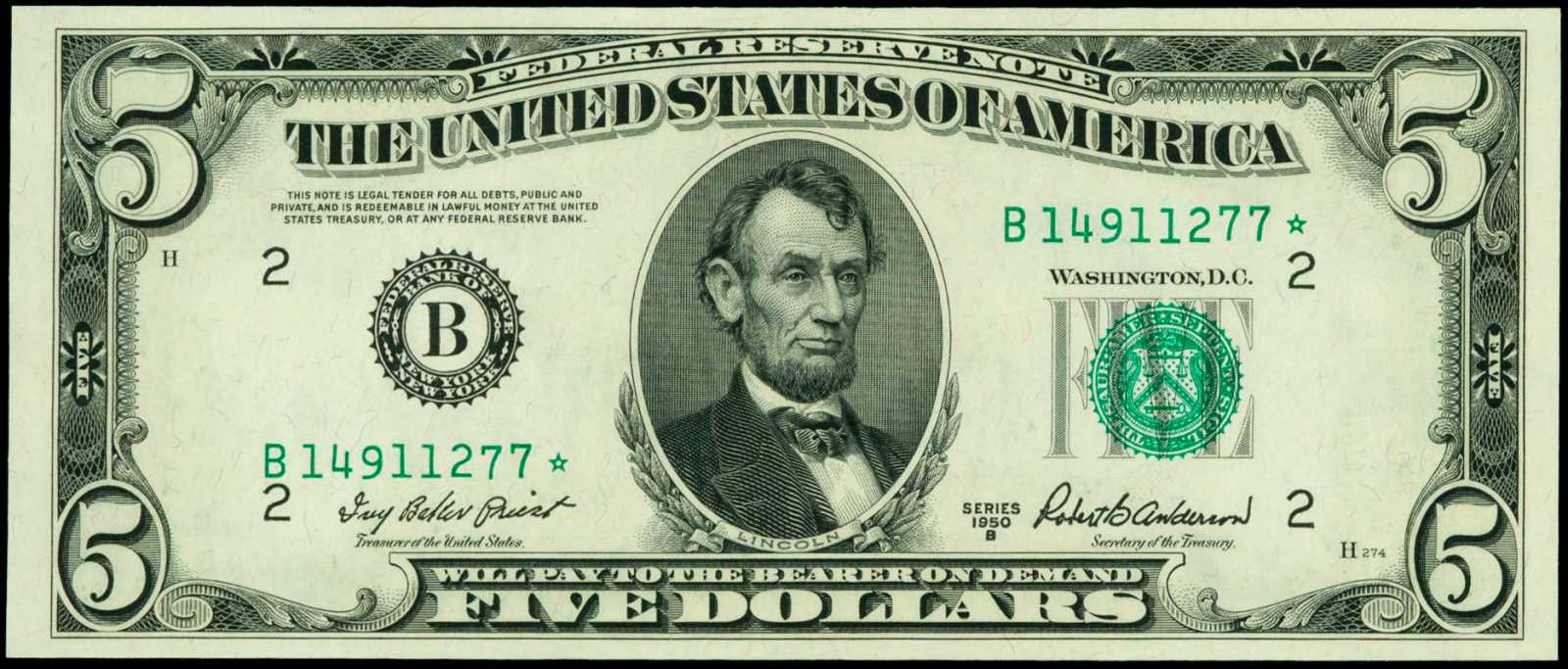 image for: Fr. 1963-B*. 1950B $5 Federal Reserve Star Note. New York. PCGS Superb Gem New 67 PPQ.