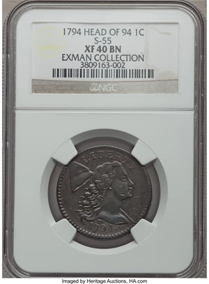 image for: 1794 1C Head of 1794, S-55, B-47, R.2, XF40 NGC. Our EAC Grade Fine 15....