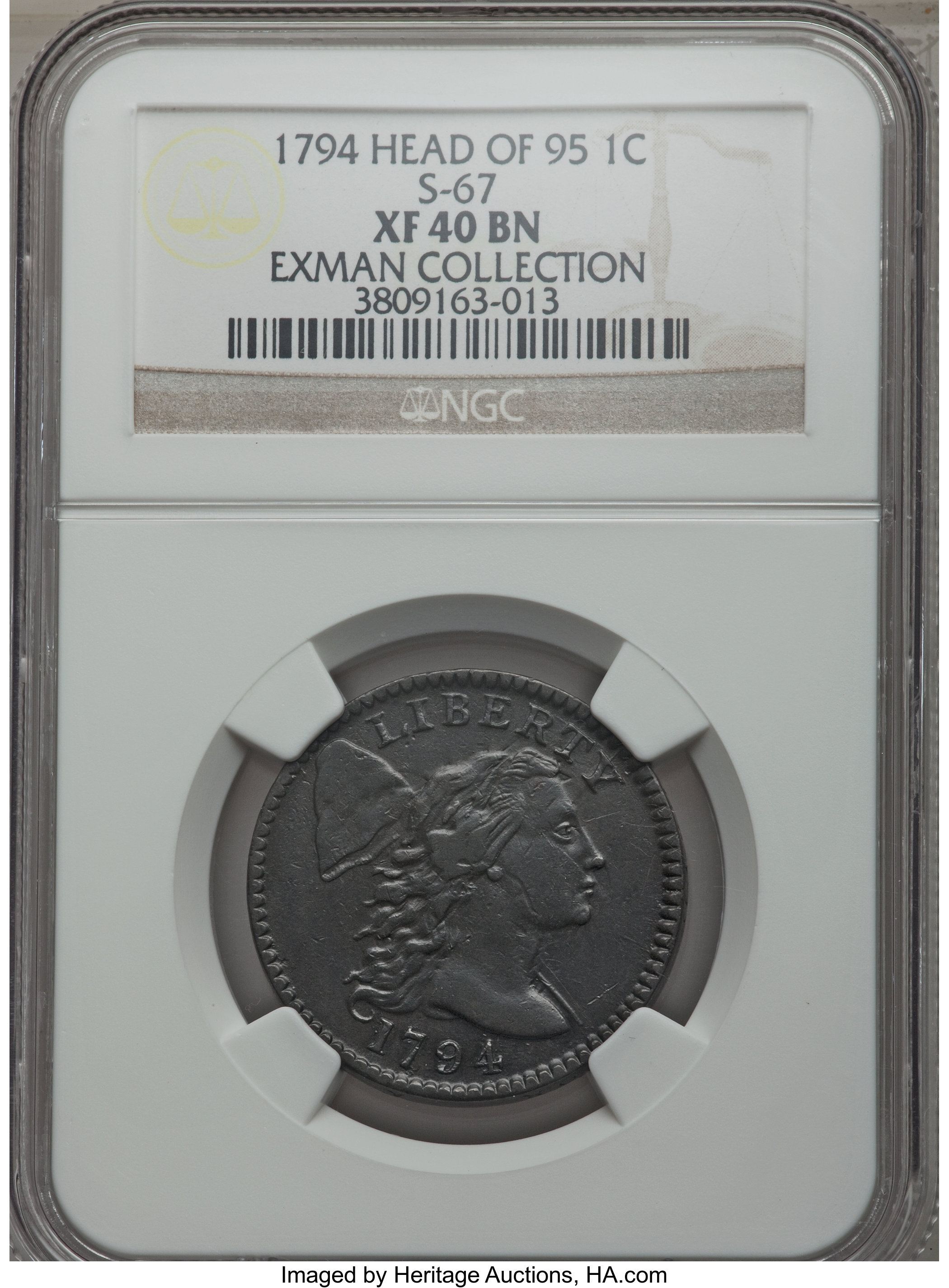 image for: 1794 1C Head of 1795, S-67, B-59, R.3, XF40 NGC. Our EAC Grade VF25....