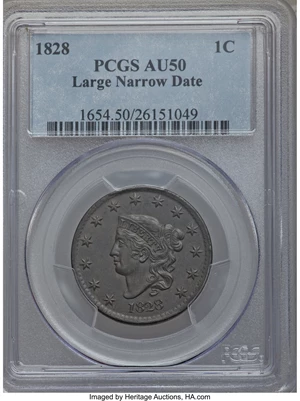 image for: 1828 1C Large Narrow Date, N-3, R.2, AU50 PCGS....