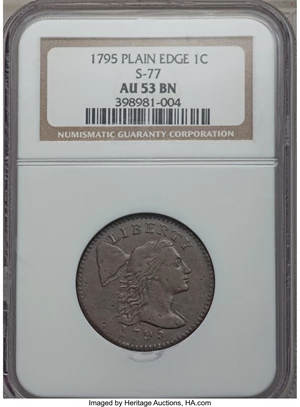 image for: 1795 1C Plain Edge, S-77, B-6, R.3, AU53 NGC....