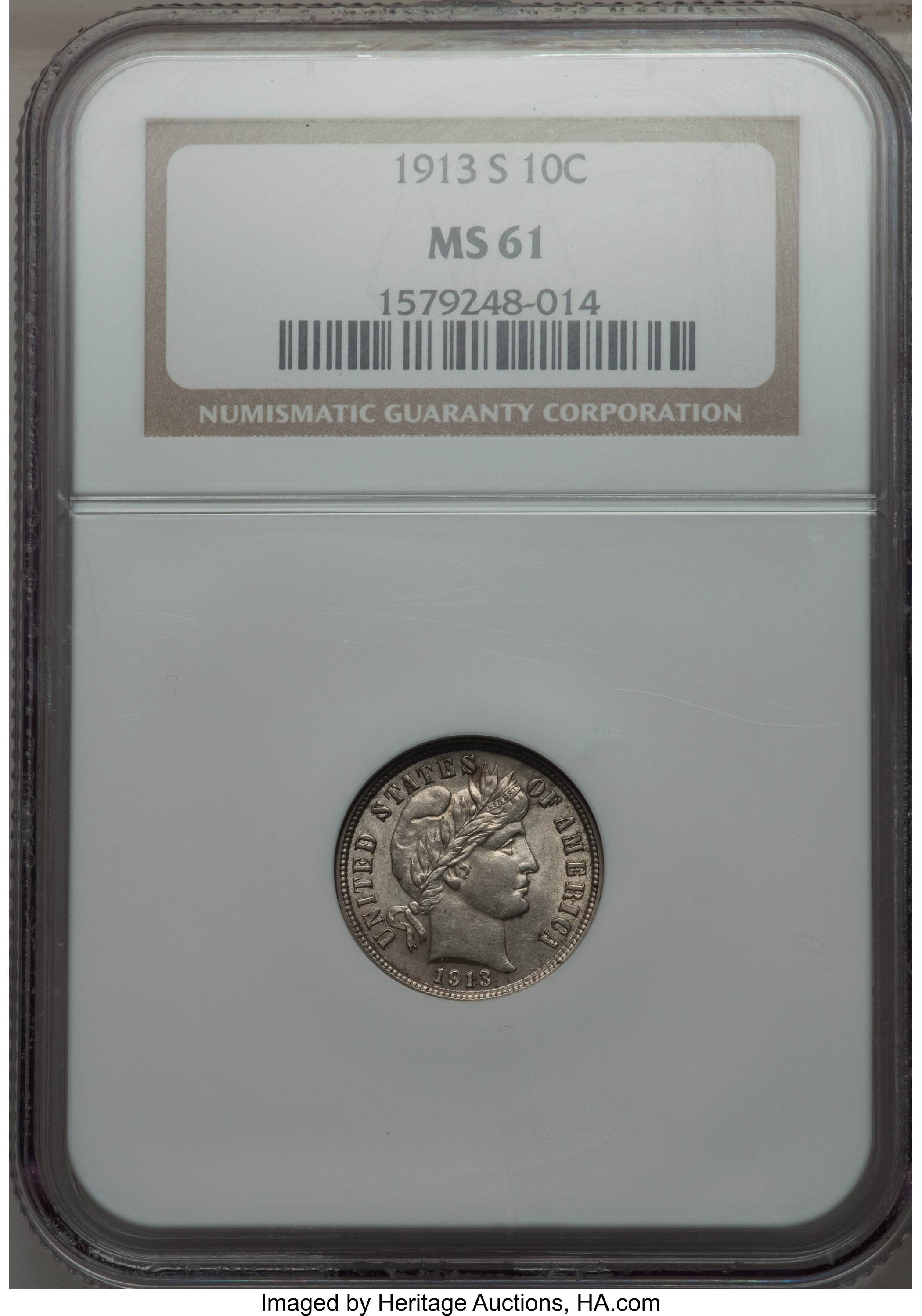 1913-S 10C MS61 NGC. NGC Census: (3/82). PCGS Population (6/102). Mintage: 510,000. Numismedia Wsl. Price for problem free ...