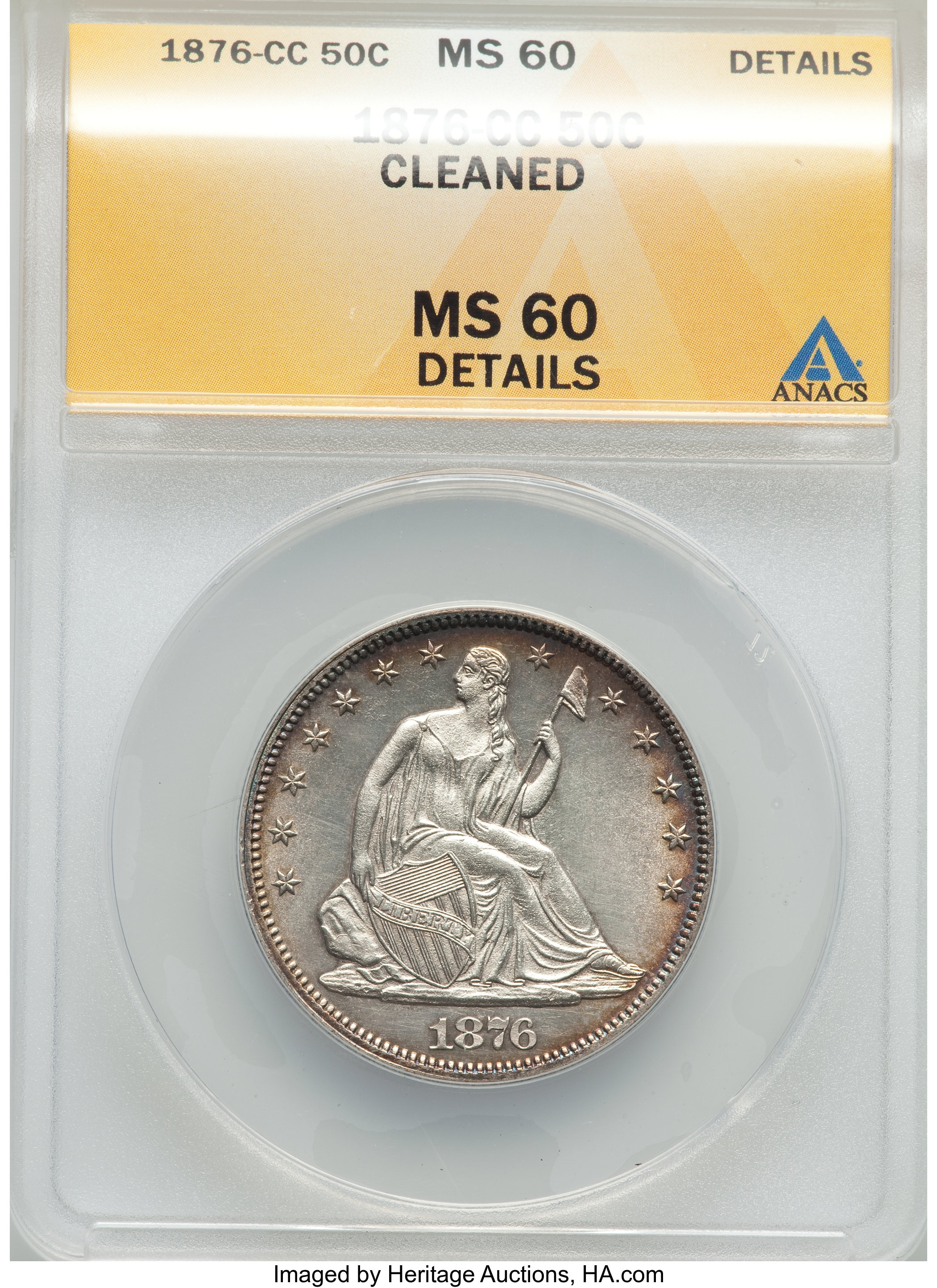 1876-CC 50C -- Cleaned -- ANACS. MS60 Details. NGC Census: (0/87). PCGS Population (6/87). Mintage: 1,956,000. Numismedia W...