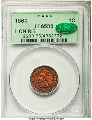 image for: 1864 1C L On Ribbon PR65 Red and Brown PCGS. CAC. Snow-PR2....