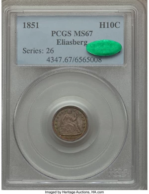 image for: 1851 H10C MS67 PCGS. CAC. V-1....