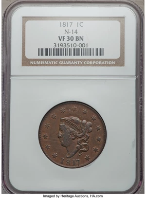 image for: 1817 1C 13 Stars, N-14, R.1, VF30 NGC. NGC Census: (1/31). PCGS Population (0/9). Mintage: 3,948,400. ...
